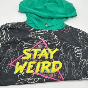 Rags Stay Weird hooded T shirt black white gray doodles green hood screen print